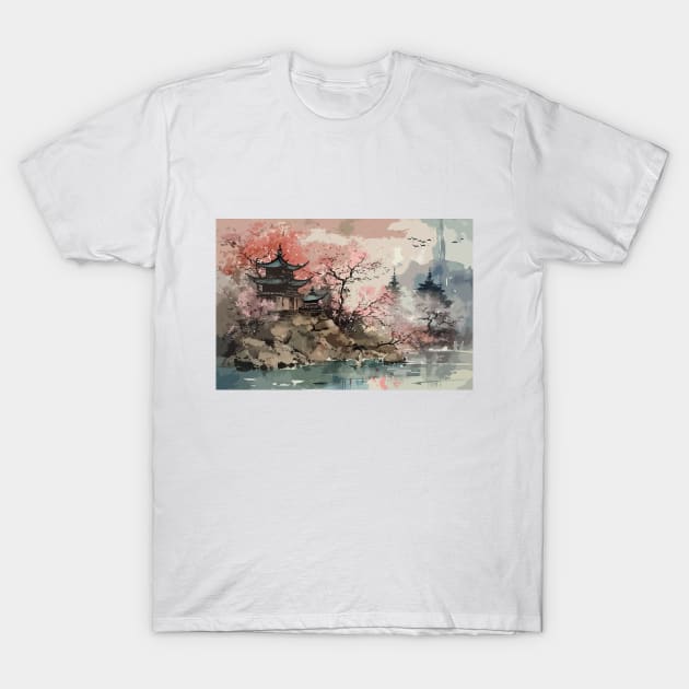 Japan Temple Buddhist watercolor illustration T-Shirt by Danielleroyer